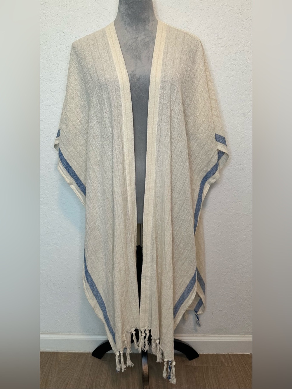 NWT Rays for Days Ivory Blue Stripe Tassel Kimono Cover Up OS